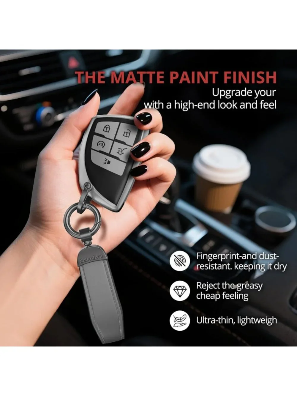 Matte TPU Key Fob Cover with Leather Keychain for Chevy GMC - 5 Button Accessory